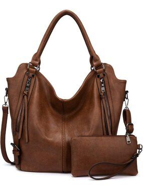 Women's Brown PU Leather Tote Large Hobo Shoulder Purse Adjustable Strap Handbag